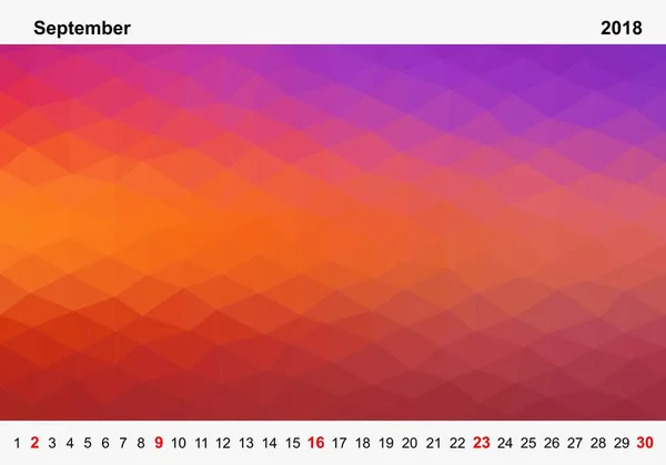 सप्टेंबर 2018 साठी रंगीत त्रिकोणांचे साधे रंग कॅलेंडर. पांढरा पार्श्वभूमीवर लाल रविवारी चित्रे वर आणि खाली महिन्याचे नाव आणि वर्ष क्रमांक — स्टॉक व्हेक्टर