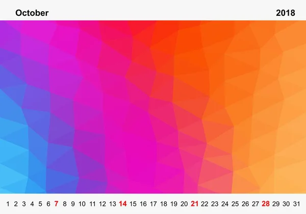 Calendario de color simple de triángulos de color para octubre para el año 2018.Month nombre y los números de año arriba y abajo de las imágenes con el domingo rojo sobre fondo blanco — Archivo Imágenes Vectoriales