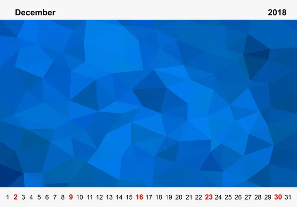 Simple color calendar of blue colored triangles for december for the year 2018.Month name and year numbers up and down the pictures with red Sunday on white background — Stock Vector