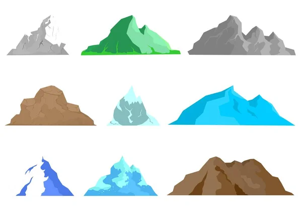 Conjunto de colinas naturais coloridas e montanhas com neve, rochas e grama verde de tamanho diferente em um fundo branco —  Vetores de Stock