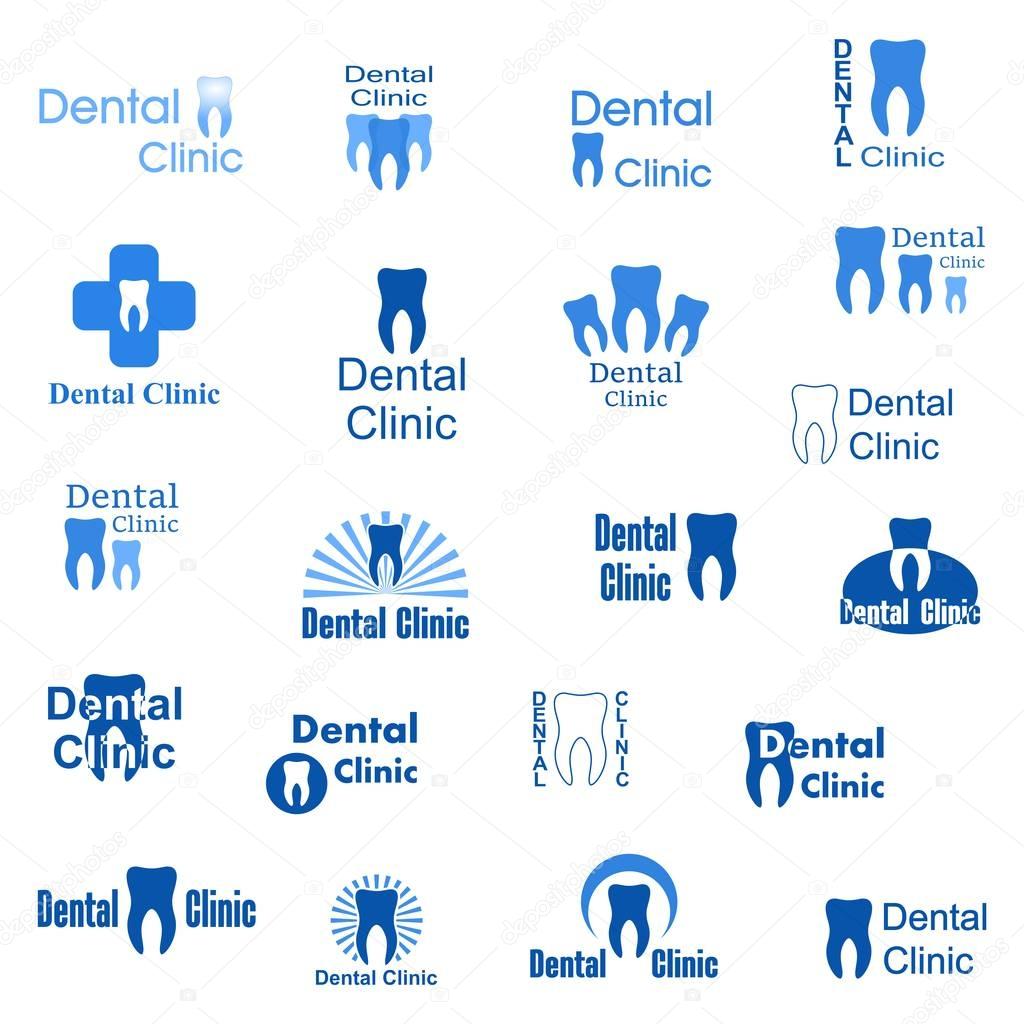 Abstract icons for dental clinic. Set logo with blue lettering with human teeth and dental hygiene on a white background