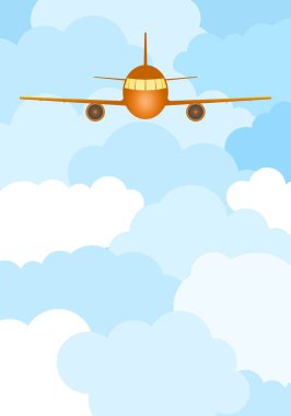 Sarı uçan nakliye uçakları jet motorları ve kanatlar ile aydınlatılmış bir kabin içinde mavi ve beyaz bulutlar ile