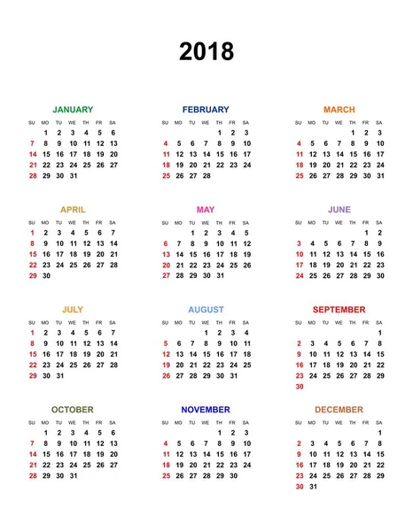 Calendário de cores simples para o ano 2018. Os nomes dos dias e meses seguidos e do domingo marcado vermelho sobre um fundo branco — Vetor de Stock