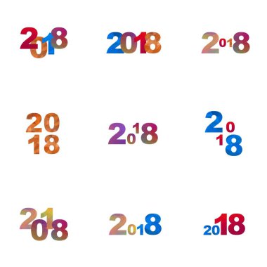 Farklı renkli rakamlar kümesi küçük üçgenler oluşur. Kit numaraları yıl çeşitli renkler, şekil ve büyüklükte beyaz bir arka plan üzerinde geometrik öğelerin 2018 