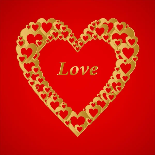 Velké zlaté Valentine srdce složen z malých barevných srdce láskou slovo ve středu na červeném pozadí. — Stockový vektor