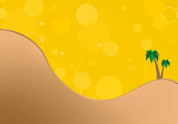 Абстрактний літній пейзаж з пагорбами з коричневим контуром і двома зеленими пальмами з листям і дерев'яним стовбуром з жовтим тлом з кільцями — стоковий вектор