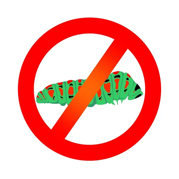 Заборона знак з зеленою гусеницею метелика з червоними плямами і чорним оком з ногами на білому тлі — стоковий вектор