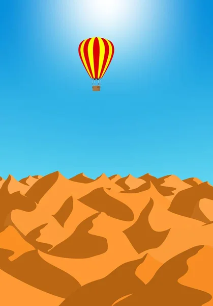 Summer holiday desert landscape with brown sand dunes with red hot air baiioon in the blue sky. Air transport at sunset