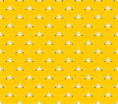 Arka plan beyaz gezi ulaşım uçan uçak ile iki jet motorları ve üst üste yan yana ve dönüşümlü olarak onu altında mavi pencere kanatları ile. Uçak taşıma bir sarı zemin üzerinde uçmak