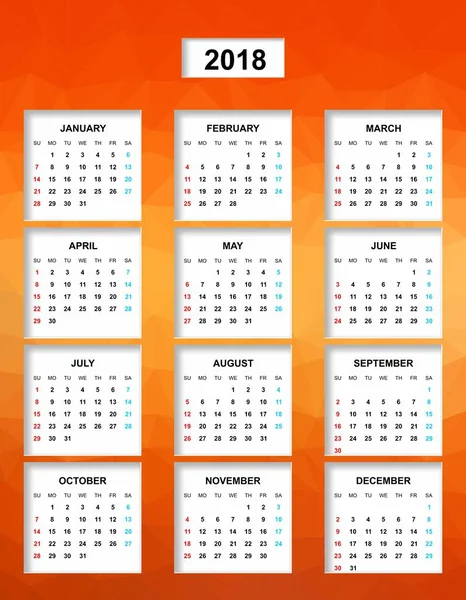 Calendário de cores simples para o ano 2018. Os nomes de dias e meses seguidos e domingo marcado vermelho, azul sábado em um fundo com triângulos de cor laranja — Vetor de Stock