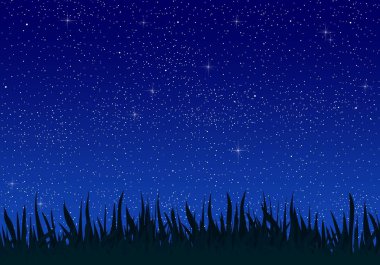 Yaz gece manzarası çim ile parlayan ve birleştirilmesi (ligasyon) yıldız çayır ve mavi gökyüzü bırakır. Güzel romantik parlak karanlık gökyüzü, gece