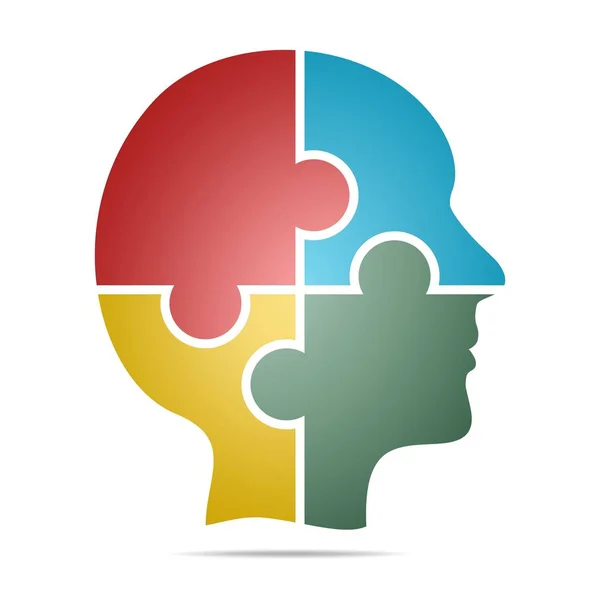 The color human head composed of red, blue, green and yellow puzzle pieces with gray shadow below the head on a white background. Human head composed of geometric elements — Stock Vector