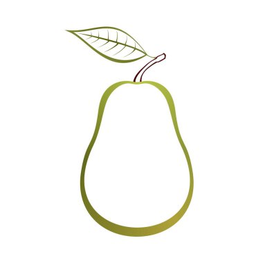 Kontur kahverengi sonu ve beyaz zemin üzerine yeşil yaprak yeşil sapı ile olgun yeşil armut. Olgunlaşmış sonbahar doğal ev yapımı meyve 