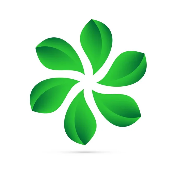 Öko-Symbol aus grünen Blättern in einem Kreis auf weißem Hintergrund mit grauem Schatten auf dem Boden. abstraktes Design natürliche runde Form — Stockvektor