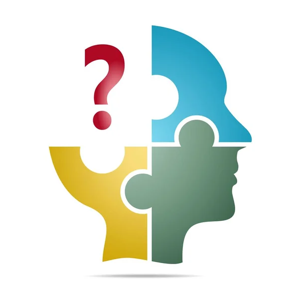 Renkli insan kafası ile kırmızı soru işareti altında beyaz bir arka plan kafasına gri gölgeli mavi, sarı ve yeşil puzzle parçaları oluşur. İnsan başlı geometrik öğelerden oluşur 