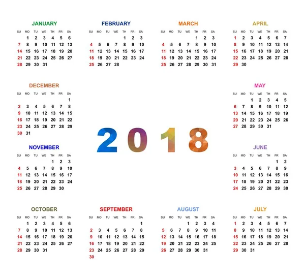 Calendario a colori semplice per l'anno 2018. I nomi dei giorni e dei mesi consecutivi e della domenica contrassegnati con il rosso su sfondo bianco — Vettoriale Stock