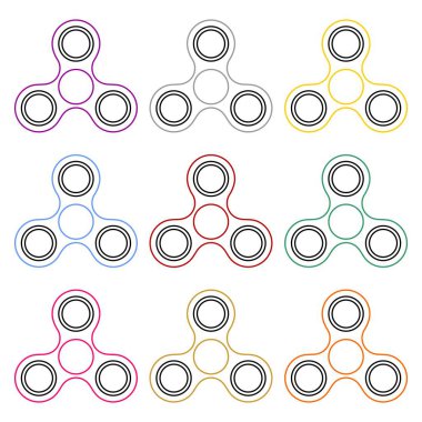Bir satır yan yana ve diğer beyaz bir arka plan üzerinde renkli kontur topluca spinner kümesi. Modern çocuk el iplik oyuncak kırmızı, altın, mavi, sarı, yeşil, pembe 