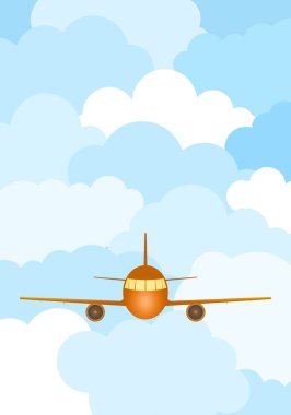 Sarı uçan nakliye uçakları jet motorları ve kanatlar ile aydınlatılmış bir kabin içinde mavi ve beyaz bulutlar ile 