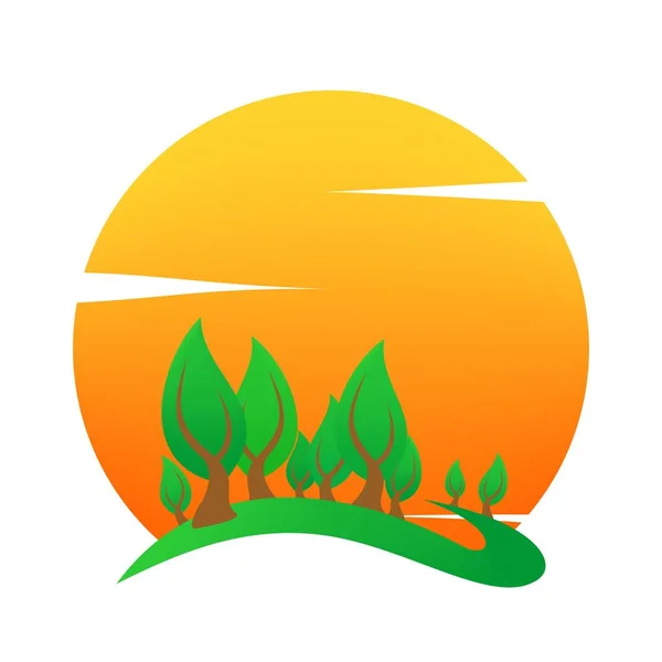 Sommerlandschaft mit orangefarbenem Sonnenuntergang, grünem Laubbaum auf einem Hügel und weißen Wolken. Urlaubsgruß für eine romantische Reise. ein Zeichen für die Umwelt — Stockvektor