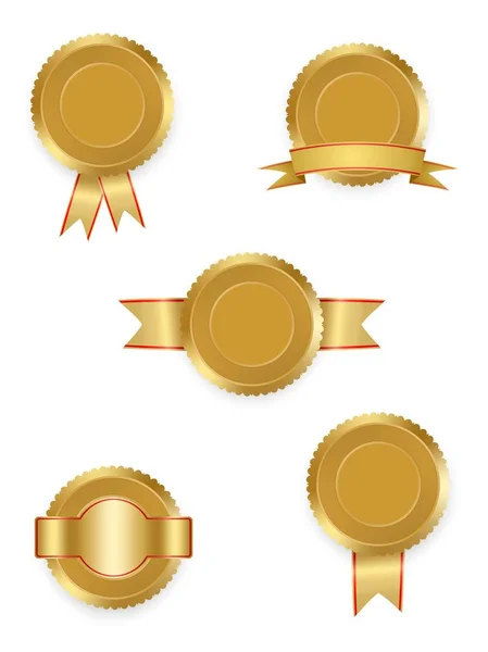 Set di etichette vettoriali oro con nastri con nastro rosso e oro con bianco su sfondo bianco. Raccolta di medaglie di premiazione mondiali. Sigillo medaglia d'oro — Vettoriale Stock