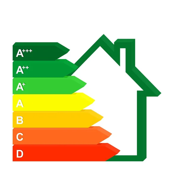 3D Color Icon Energy class home ao lado de uma casa verde. Gráfico poupança e consumo de energia das famílias — Vetor de Stock