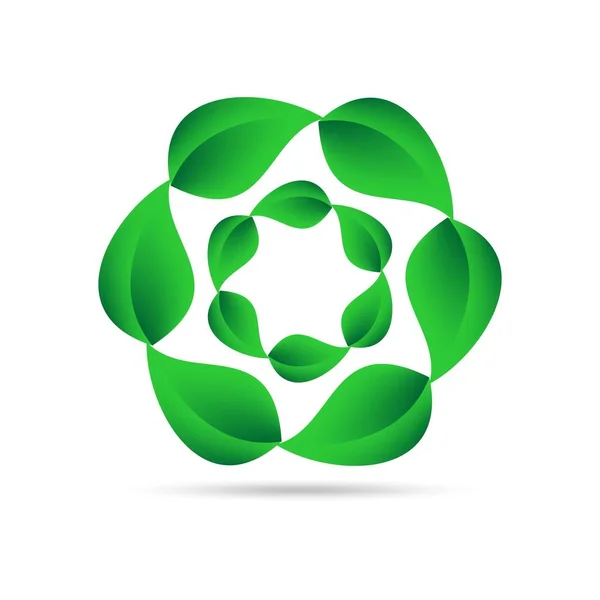 Eco icono de hojas verdes en un círculo sobre un fondo blanco con sombra gris en la parte inferior. Diseño abstracto forma redonda natural — Vector de stock