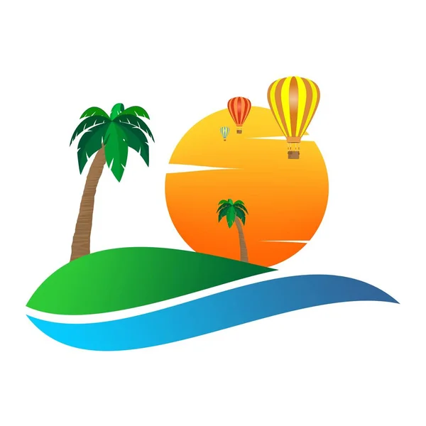 Summer landscape icon with orange sunset, with palm tree on hill on with colorful hot air balloons flying and white clouds . Holiday greeting for a romantic trip with water. A sign for environmental — Stock Vector