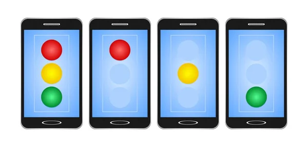 Conjunto de smartphones conmutados negros con pantalla azul con luz roja, amarilla y verde en semáforo sobre fondo blanco. Los semáforos en el soporte del teléfono móvil, ten cuidado de forma gratuita — Archivo Imágenes Vectoriales