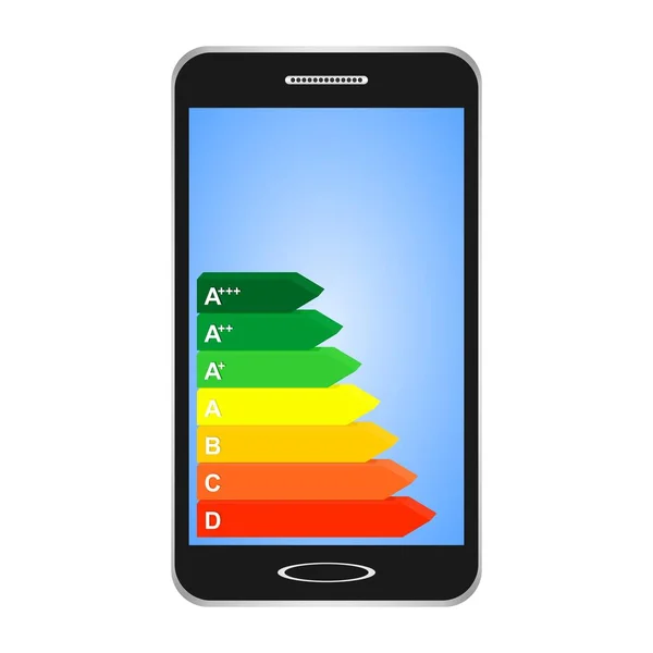 Siyah beyaz zemin üzerine kırmızı için yeşilden akıllı telefonlar ile enerji sınıfı etiketten verimliliği A D ile mavi ekran açık. derecelendirme elektrikli ev aletleri ve enerji tasarrufu için 3d renk işareti — Stok Vektör