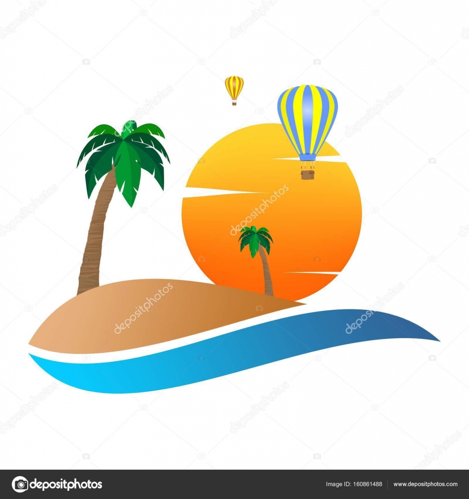 Icona di paesaggio di estate con tramonto arancione con palme sulla collina di sabbia su con aerostati di aria calda variopinti che volano e le nuvole