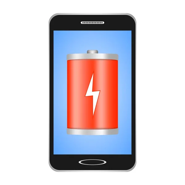 Smartphones conmutados negros con pantalla azul con una linterna roja con un flash blanco que muestra la carga del teléfono sobre un fondo blanco — Archivo Imágenes Vectoriales
