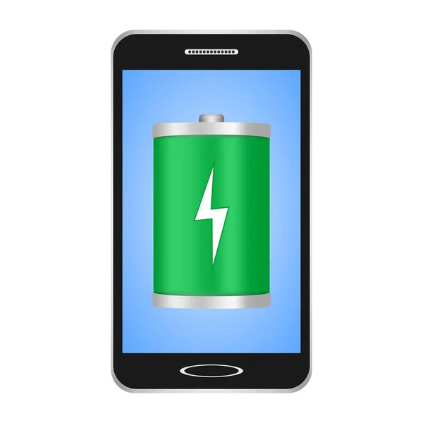 Smartphones conmutados negros con pantalla azul con una linterna verde con un flash blanco que muestra la carga del teléfono sobre un fondo blanco — Archivo Imágenes Vectoriales