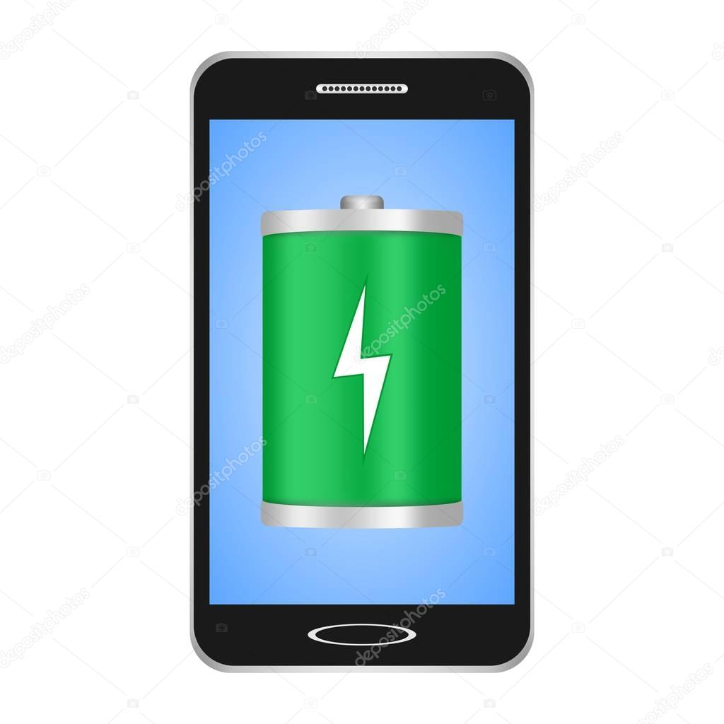 Black switched smartphones with blue display with a green flashlight with a white flash showing the phone's charge on a white background 