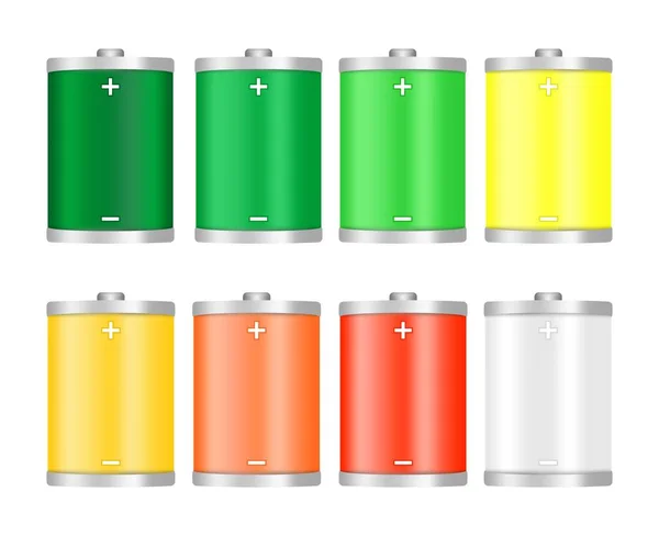 Conjunto de diferentes iconos de colores del nivel de carga de la batería completamente cargado después de la descarga completa, verde, amarillo, naranja, rojo con un polo menos y más eléctrico sobre un fondo blanco — Archivo Imágenes Vectoriales