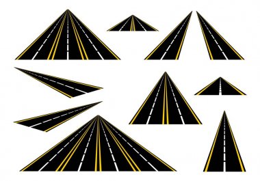 Set straight roads and highways with yellow lines on the roadside and a broken white center line on a white background. Black road with one, two, three and four lanes  clipart