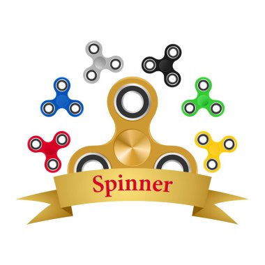 Renkli logo ile altın, gümüş, mavi, kırmızı, sarı, yeşil el spinner ve altın şerit beyaz zemin üzerine kırmızı yazı ile topluca spinner için işareti ile. Modern çocuk el iplik oyuncak 