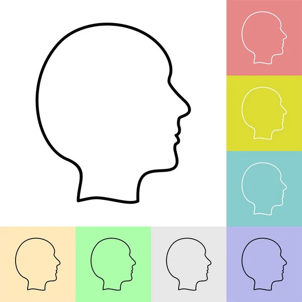 Simple black human face icon in color squares. Set of head contours from the side — Stock Vector