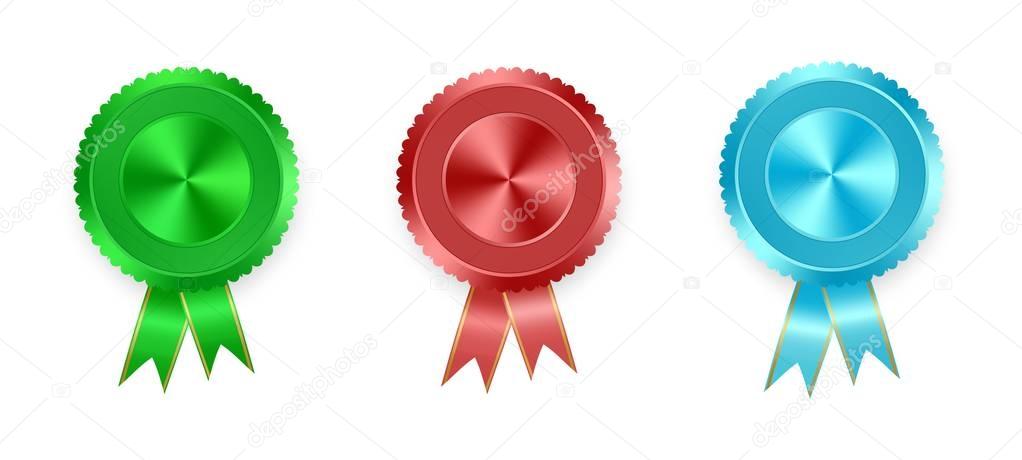 Set of vector labels green, red and blue with colored ribbons with gold ribbon on white background. Collection of world medals for winning products. Red medal, green medal, blue medal 