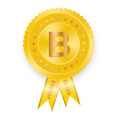 Sarı enerji sınıfı etiketle şerit ve altın yazıt ve yıldız derecelendirme elektrikli ev aletleri ve enerji tasarrufu için verimliliği B. 3d renk Mark. En yüksek enerji sınıfı işaretleme 