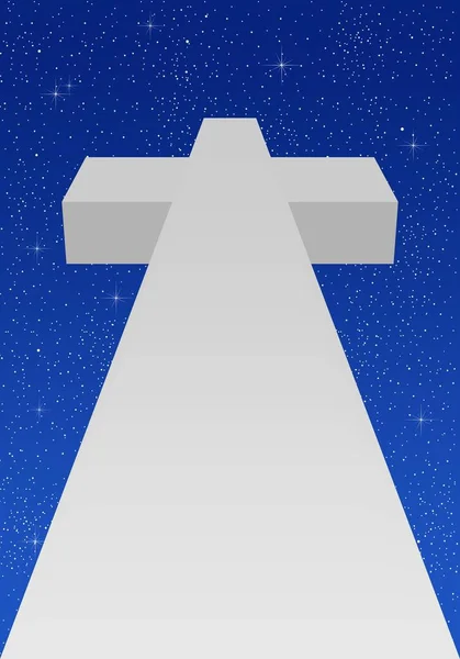 Vista inferiore di una croce di pietra di marmo bianco con uno sfondo blu notte lampeggiante cielo stellato. Simbolo cristiano permanente — Vettoriale Stock