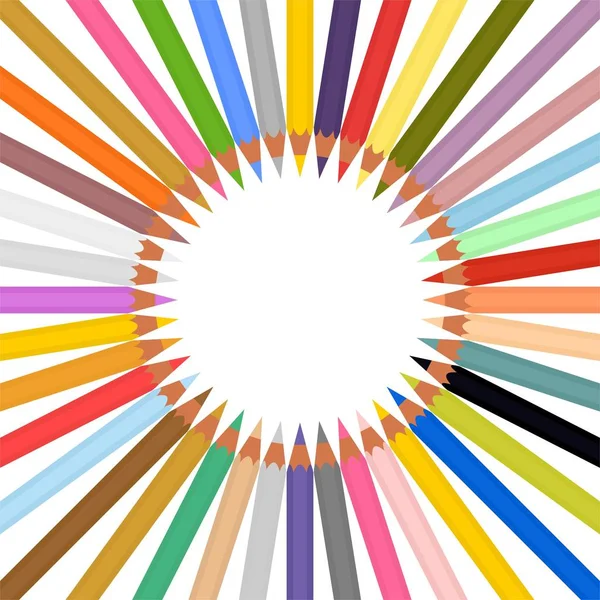 Conjunto de lápis coloridos afiados armazenados em um círculo em um fundo branco. Material escolar para desenho — Vetor de Stock