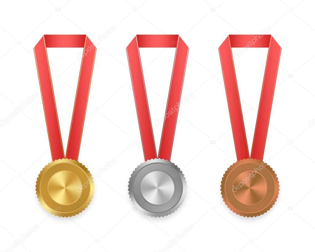 Set of vector labels gold, silver and bronze with ribbons with red and gold ribbon with white on white background. Collection of world winning award medals . Gold medal, bronze medal, silver medal 