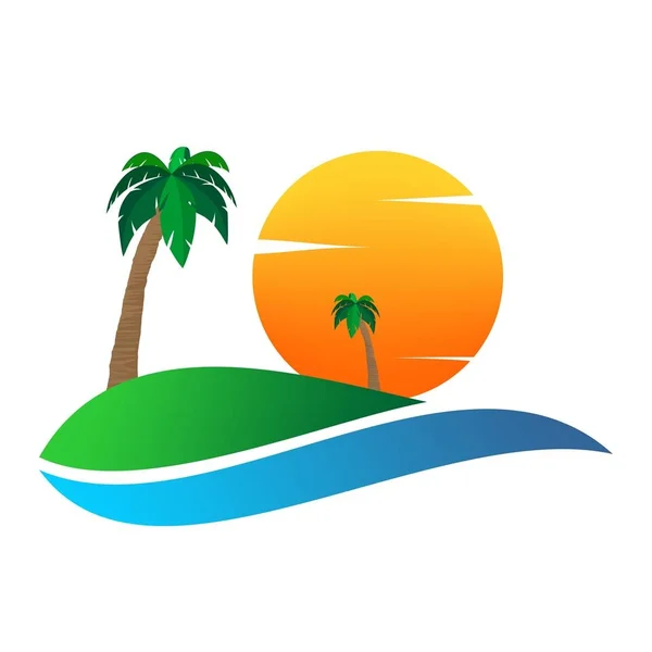 Nyári táj ikon a narancssárga naplemente, palm tree hill és fehér felhők. Ünnep üdvözlőkártya egy romantikus utazás vízzel. A jel a környezeti — Stock Vector