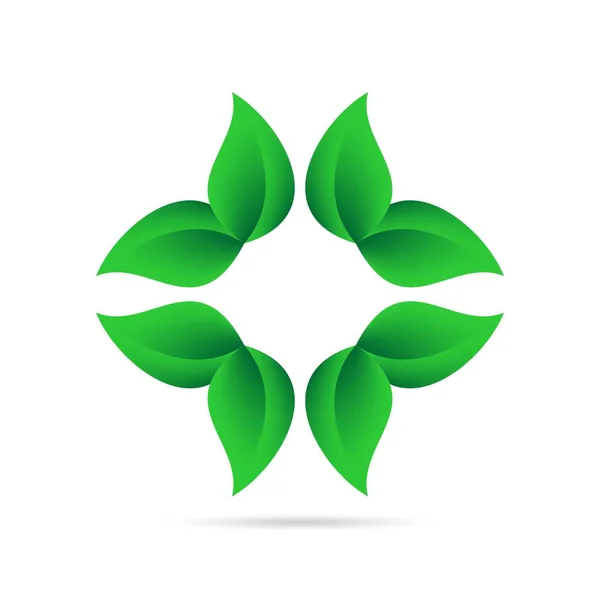 Eco icono de hojas verdes en un círculo sobre un fondo blanco con sombra gris en la parte inferior. Diseño abstracto ambiental forma redonda natural — Vector de stock