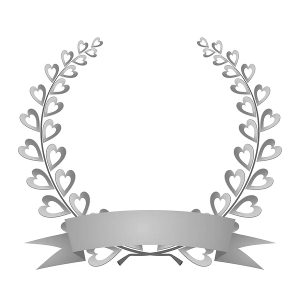 Couronne de laurier argenté argent composé de deux branches aux cœurs colorés et tiges avec un ruban d'argent pour la première place pour le gagnant sur un fond blanc — Image vectorielle