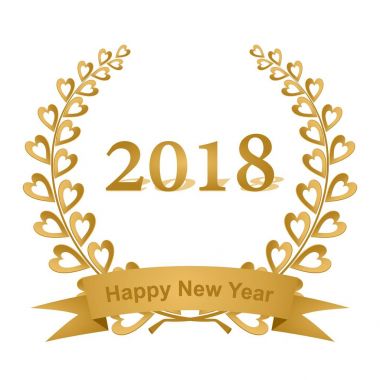 Yeni yıl tebrik kartı ile 2018 yıl beyaz bir arka plan üzerinde renkli kalpler ile iki şube ve sapları altın bir kurdele ile oluşan altın defne çelengi 