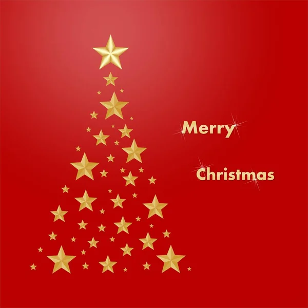 Tarjeta roja de Navidad con un árbol de Navidad de oro compuesto de estrellas iluminadoras de oro con una escritura brillante Feliz Feliz Navidad sobre un fondo rojo — Vector de stock