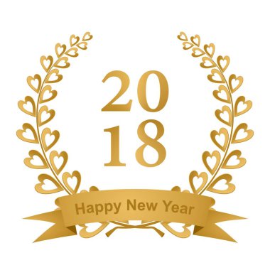 Yeni yıl tebrik kartı ile 2018 yıl beyaz bir arka plan üzerinde renkli kalpler ile iki şube ve sapları altın bir kurdele ile oluşan altın defne çelengi 