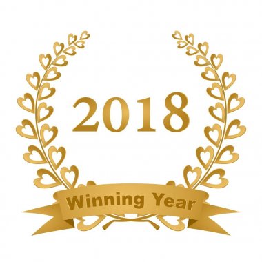 Yeni yıl tebrik kartı ile 2018 yıl beyaz bir arka plan üzerinde renkli kalpler ile iki şube ve sapları altın bir kurdele ile oluşan altın defne çelengi 