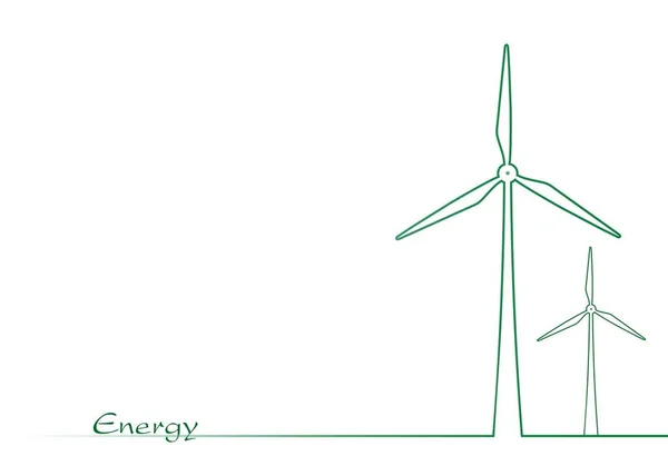 在白色背景上的一片草地上的两个风力涡轮机的绿色轮廓 抽象背景环境能源的国家 — 图库矢量图片